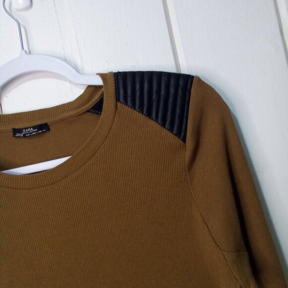 Zara Shirt Women L Long Sleeve Ribbed Faux Leather Shoulder Patch Brown Black - Picture 4 of 15